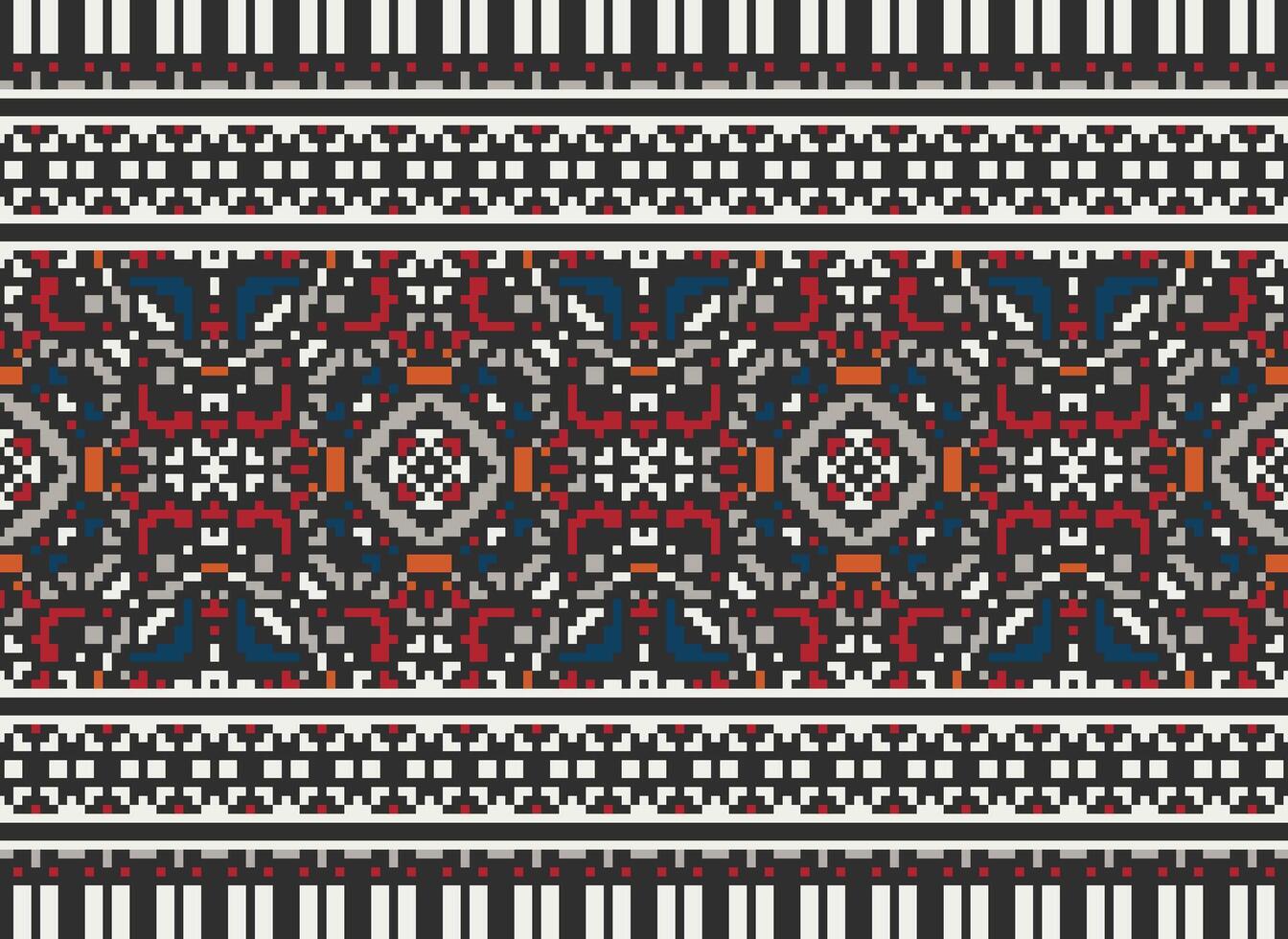 fiore ricamo su Marrone sfondo. ikat e attraversare punto geometrico senza soluzione di continuità modello etnico orientale tradizionale. azteco stile illustrazione design per tappeto, sfondo, vestiario, avvolgere, batik. vettore