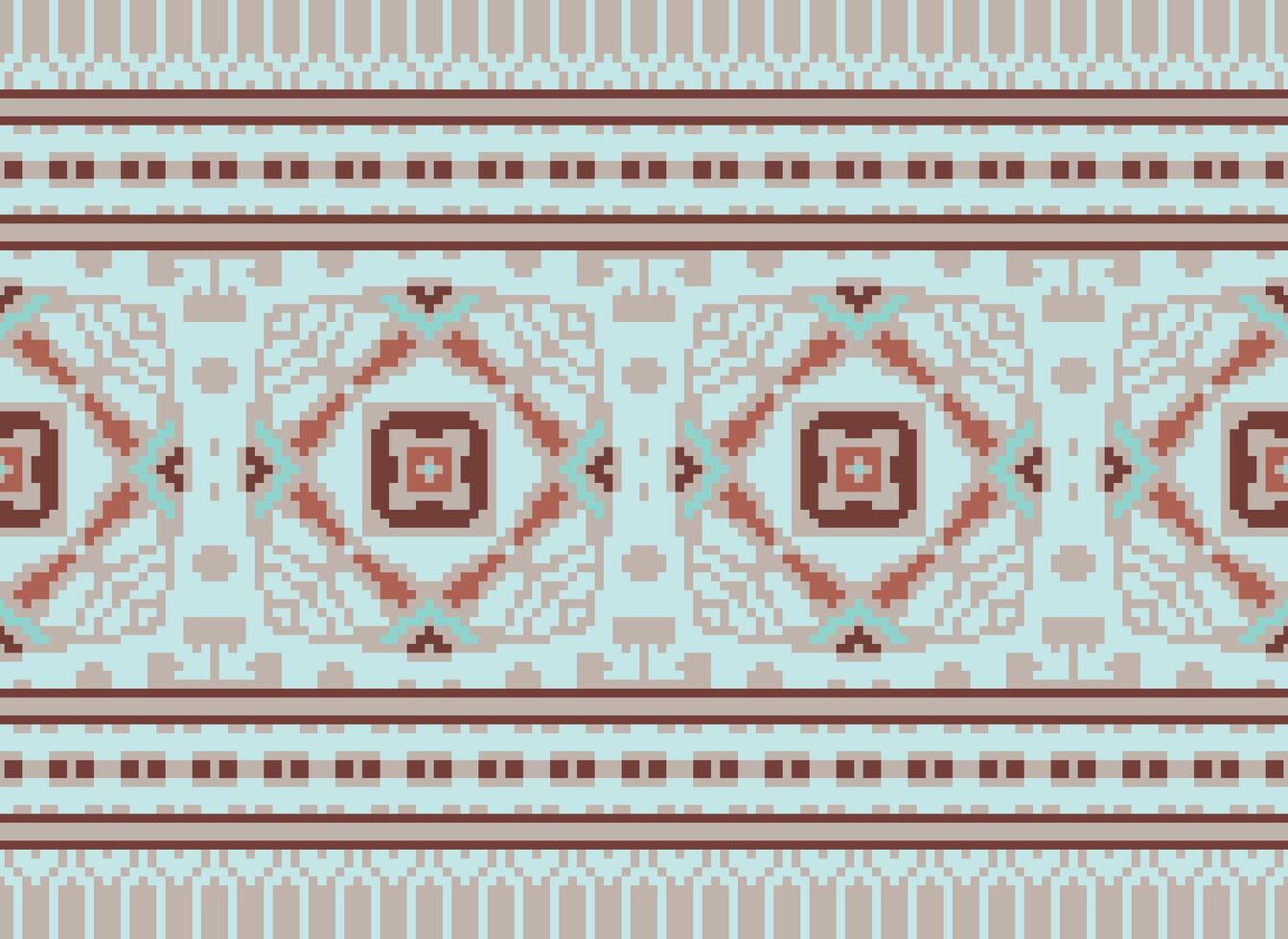 fiore ricamo su Marrone sfondo. ikat e attraversare punto geometrico senza soluzione di continuità modello etnico orientale tradizionale. azteco stile illustrazione design per tappeto, sfondo, vestiario, avvolgere, batik. vettore