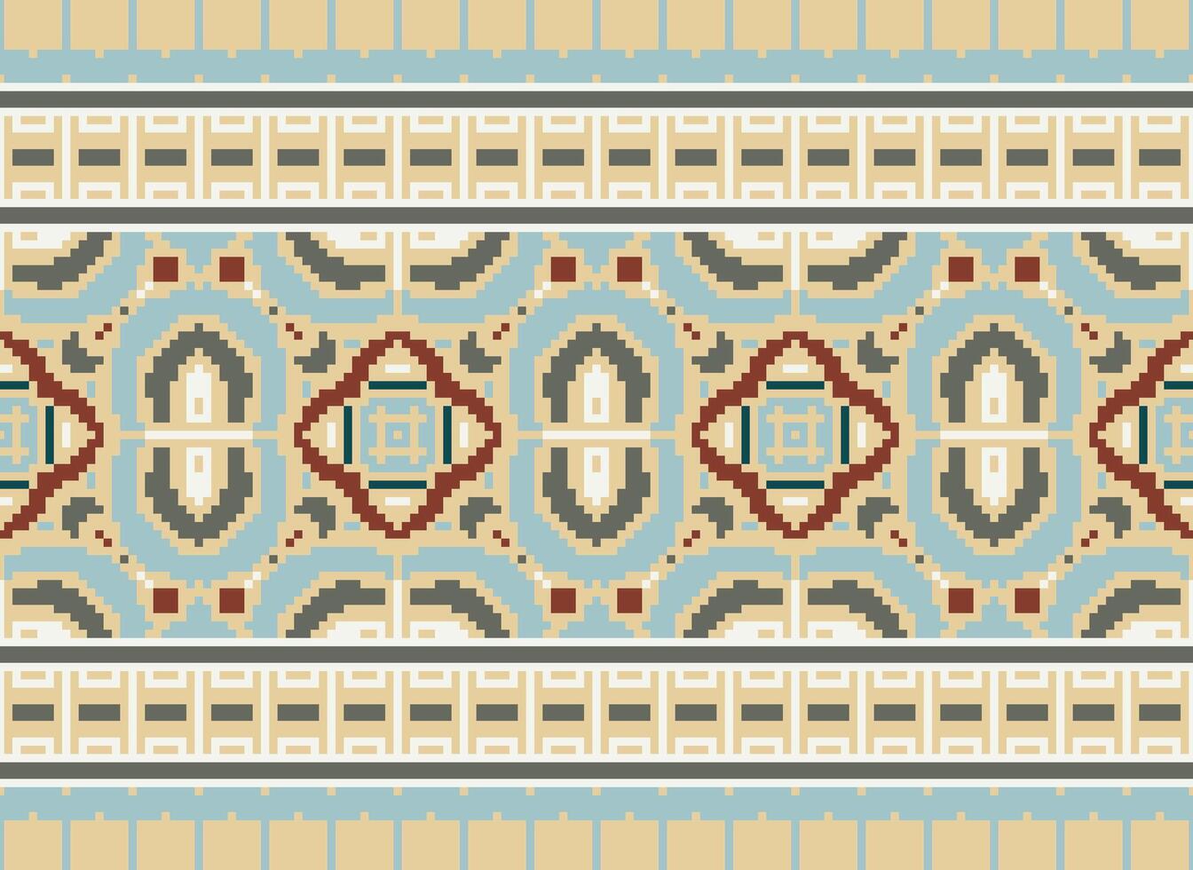 fiore ricamo su Marrone sfondo. ikat e attraversare punto geometrico senza soluzione di continuità modello etnico orientale tradizionale. azteco stile illustrazione design per tappeto, sfondo, vestiario, avvolgere, batik. vettore