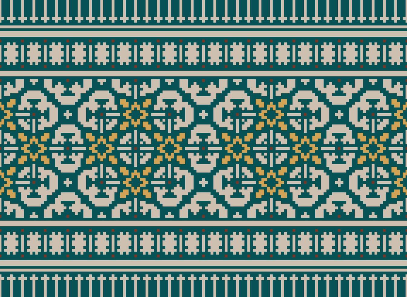 pixel attraversare punto modello con floreale disegni. tradizionale attraversare punto ricamo. geometrico etnico modello, ricamo, tessile ornamento, tessuto, mano cucito modello, culturale Cucitura vettore