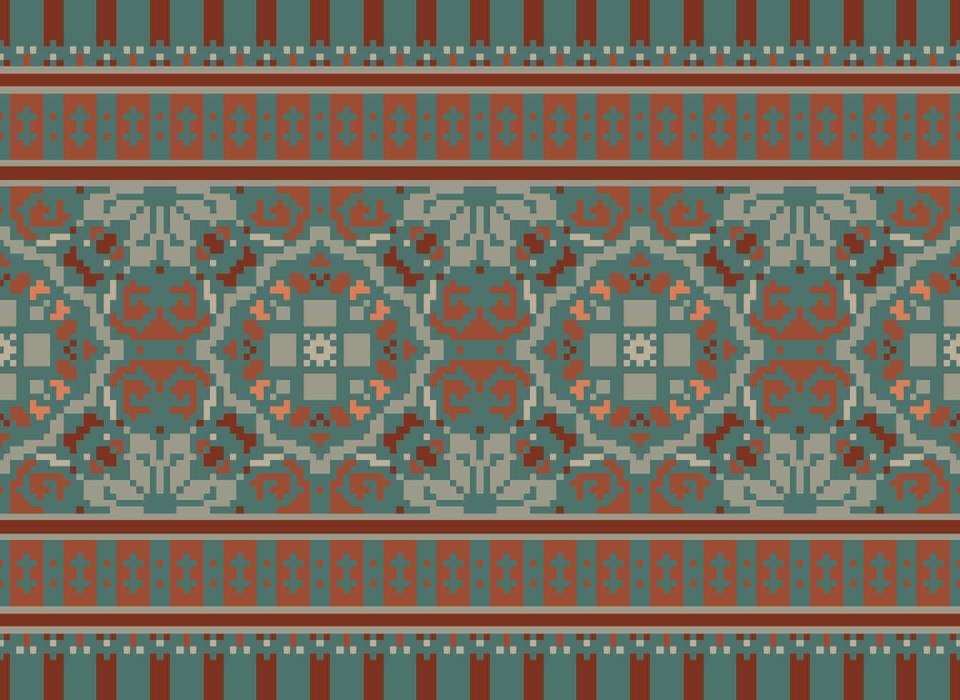 fiore ricamo su Marrone sfondo. ikat e attraversare punto geometrico senza soluzione di continuità modello etnico orientale tradizionale. azteco stile illustrazione design per tappeto, sfondo, vestiario, avvolgere, batik. vettore