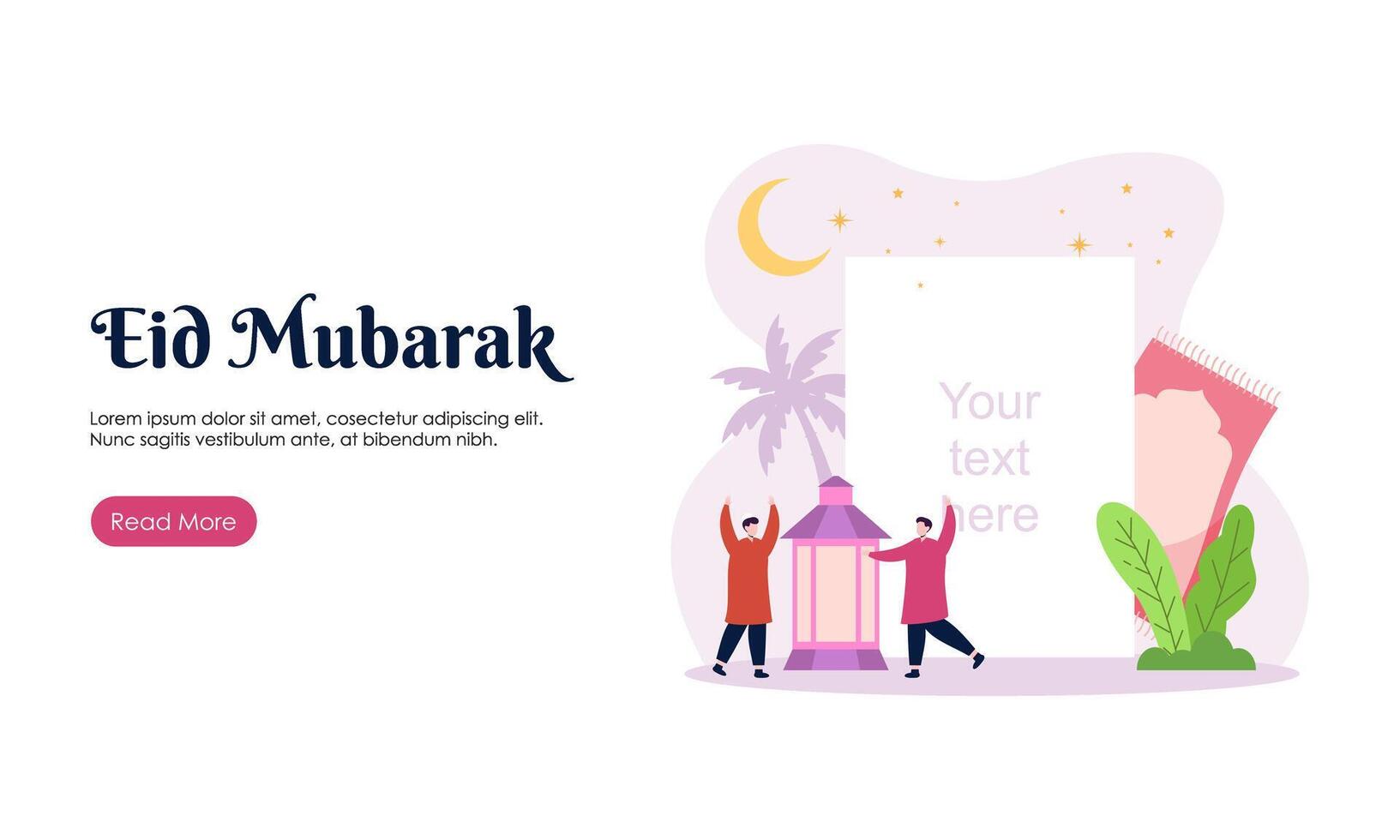 contento eid mubarak o Ramadan saluto con persone personaggio illustrazione. islamico design modello per striscione, atterraggio pagina o manifesto. vettore