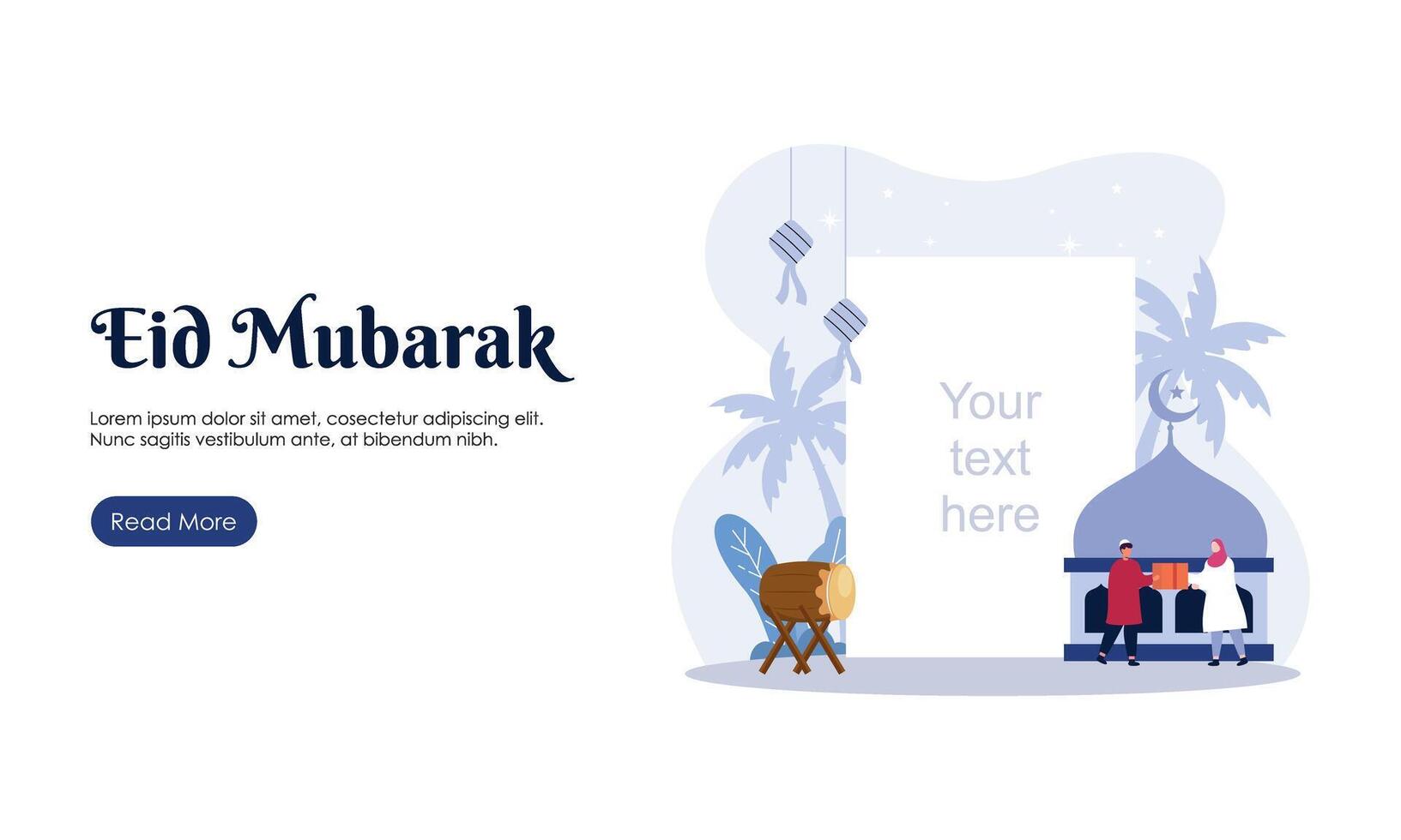 contento eid mubarak o Ramadan saluto con persone personaggio illustrazione. islamico design modello per striscione, atterraggio pagina o manifesto. vettore