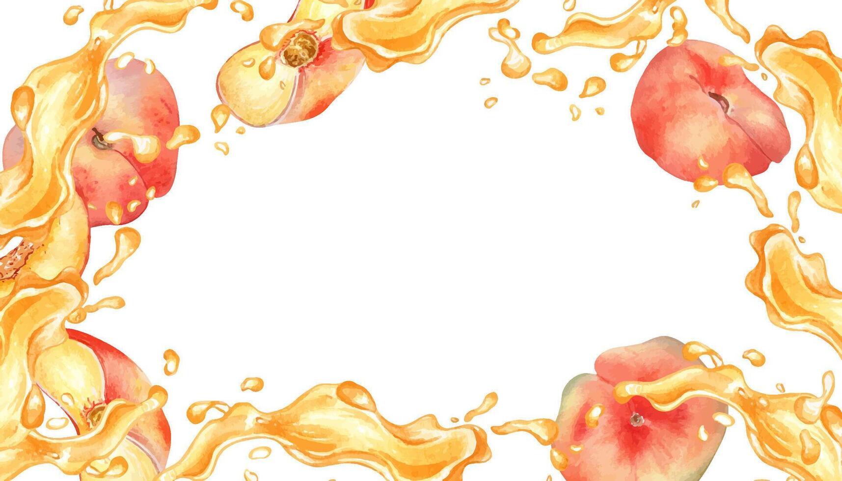 telaio di acquerello giallo spruzzo succo e Figura pesca illustrazione isolato su bianca. frutta liquido mano disegnato. design elemento per confezione, menù, etichetta, bere, gelato, vasellame vettore