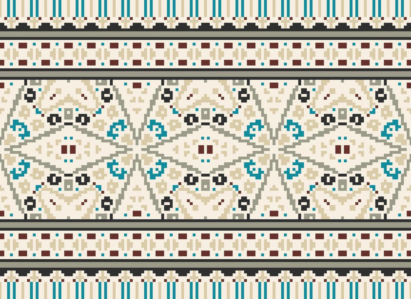 fiore ricamo su Marrone sfondo. ikat e attraversare punto geometrico senza soluzione di continuità modello etnico orientale tradizionale. azteco stile illustrazione design per tappeto, sfondo, vestiario, avvolgere, batik. vettore