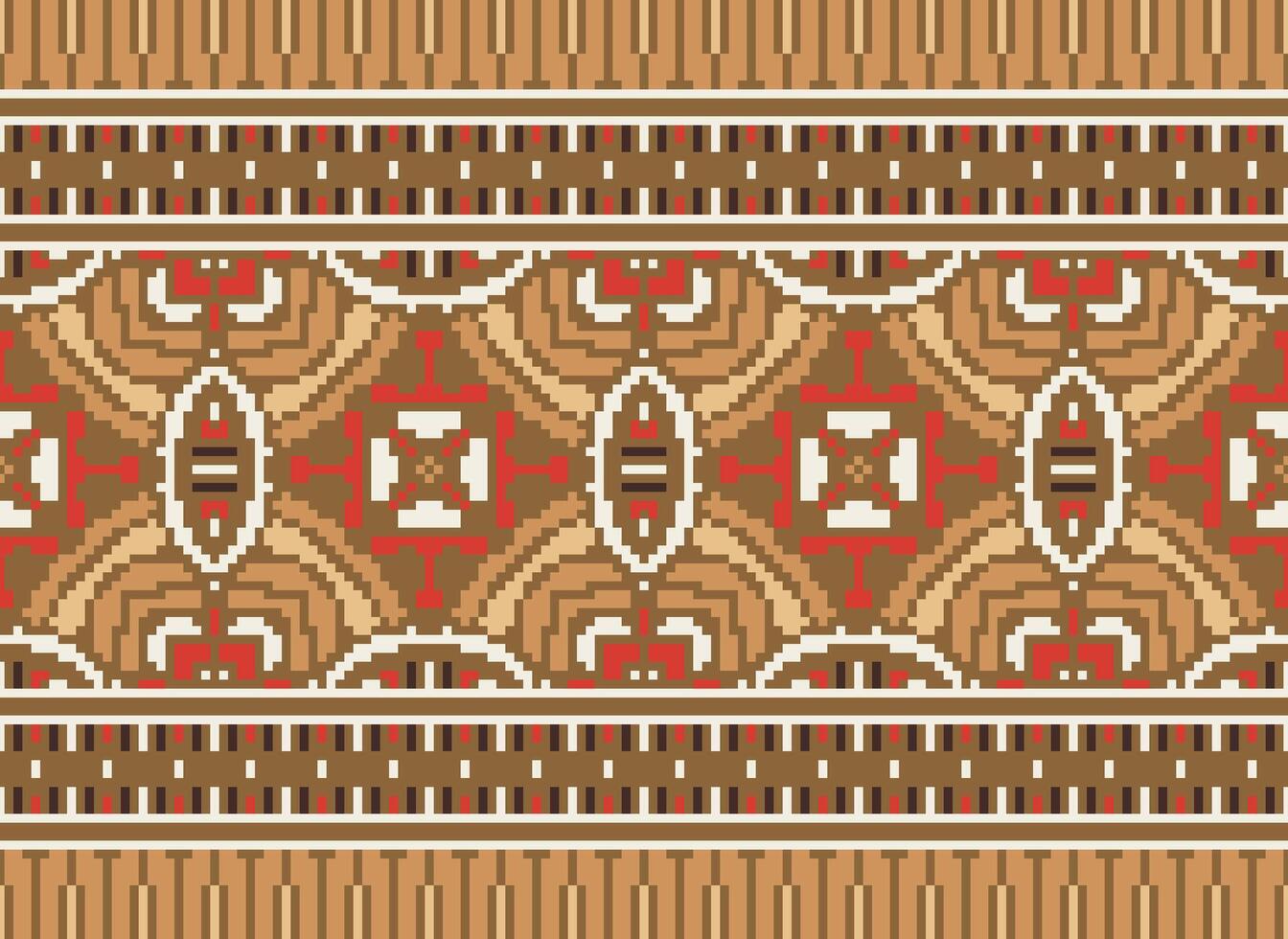 fiore ricamo su Marrone sfondo. ikat e attraversare punto geometrico senza soluzione di continuità modello etnico orientale tradizionale. azteco stile illustrazione design per tappeto, sfondo, vestiario, avvolgere, batik. vettore