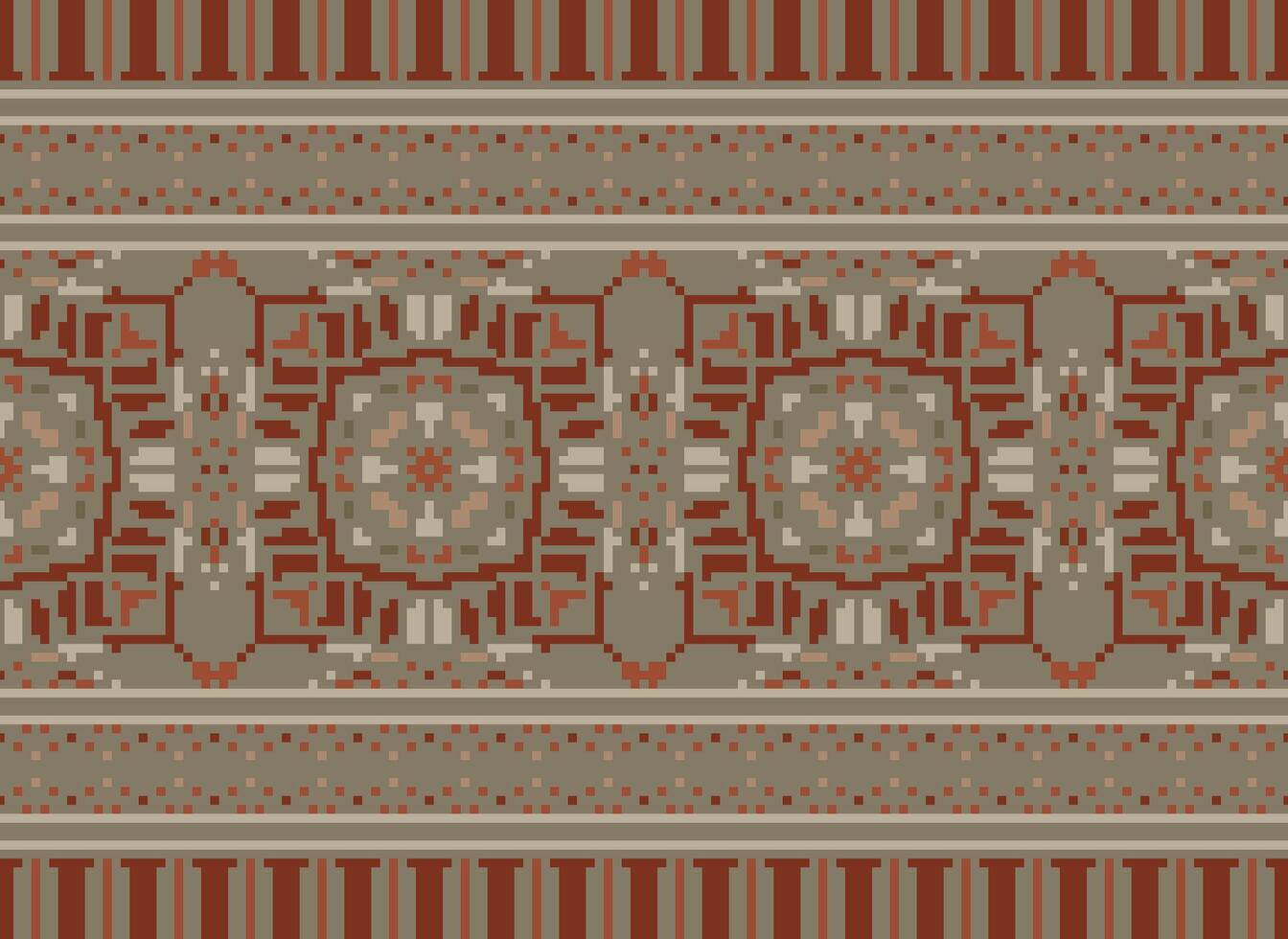 fiore ricamo su Marrone sfondo. ikat e attraversare punto geometrico senza soluzione di continuità modello etnico orientale tradizionale. azteco stile illustrazione design per tappeto, sfondo, vestiario, avvolgere, batik. vettore