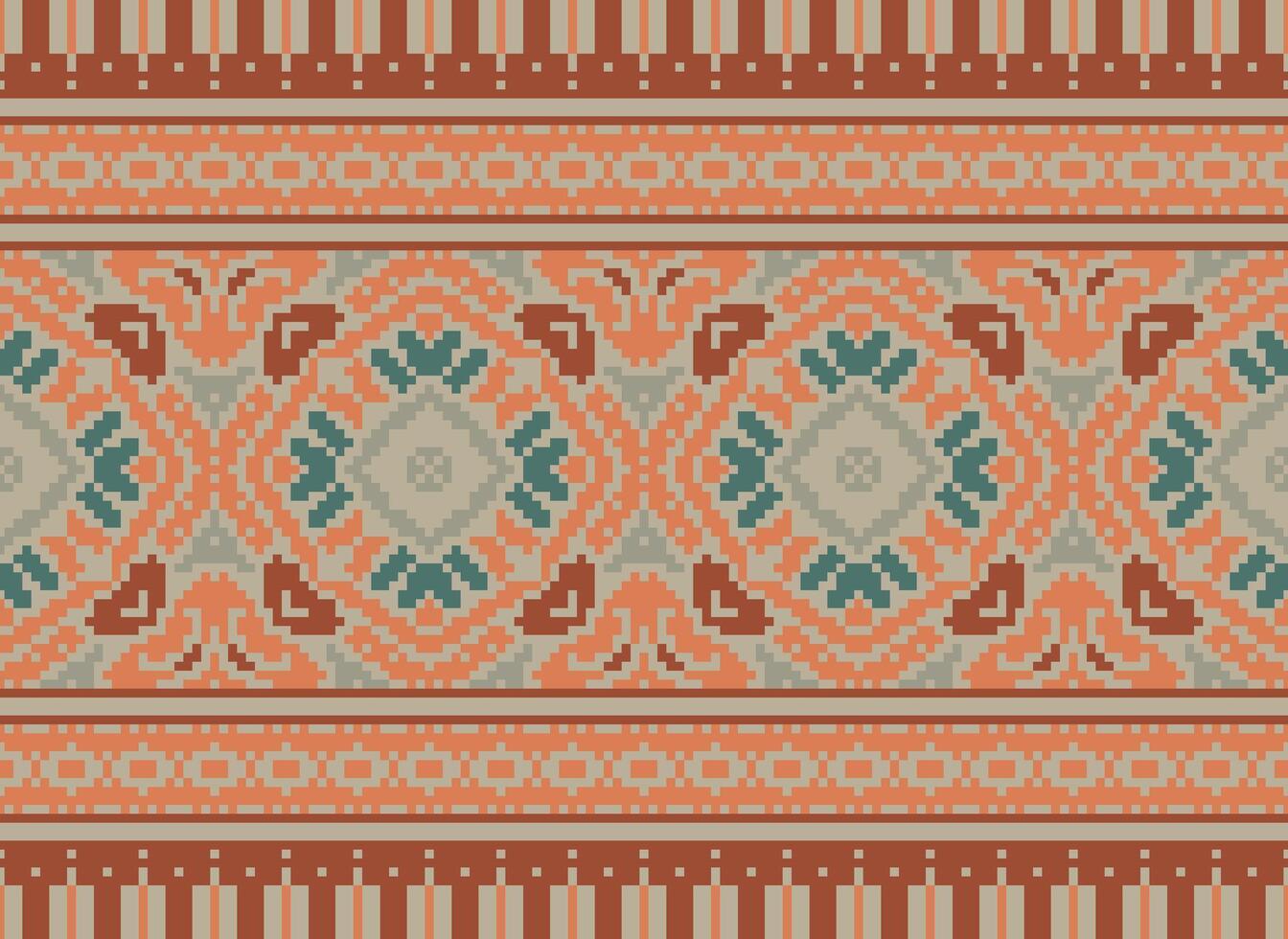 fiore ricamo su Marrone sfondo. ikat e attraversare punto geometrico senza soluzione di continuità modello etnico orientale tradizionale. azteco stile illustrazione design per tappeto, sfondo, vestiario, avvolgere, batik. vettore