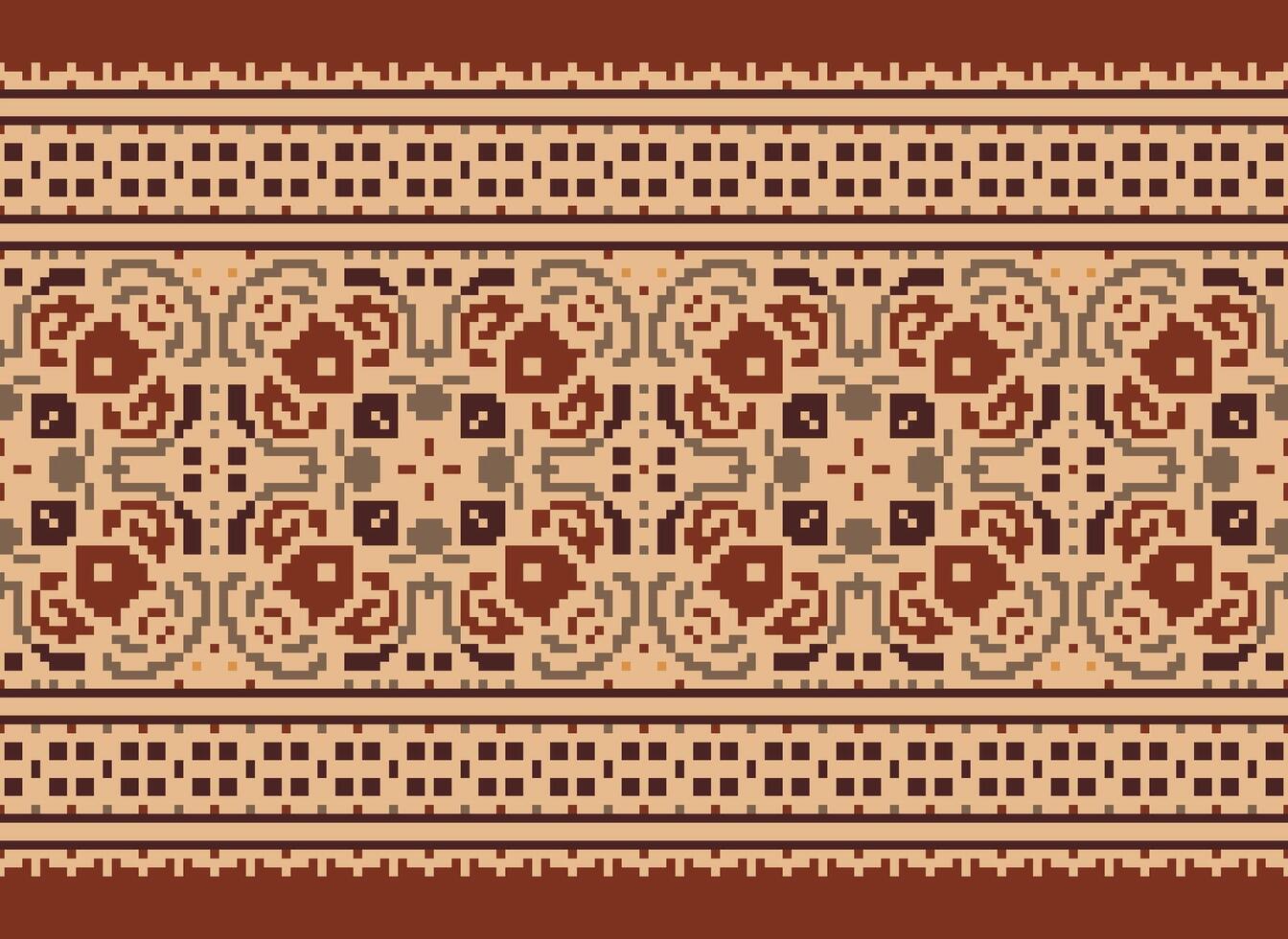 fiore ricamo su Marrone sfondo. ikat e attraversare punto geometrico senza soluzione di continuità modello etnico orientale tradizionale. azteco stile illustrazione design per tappeto, sfondo, vestiario, avvolgere, batik. vettore