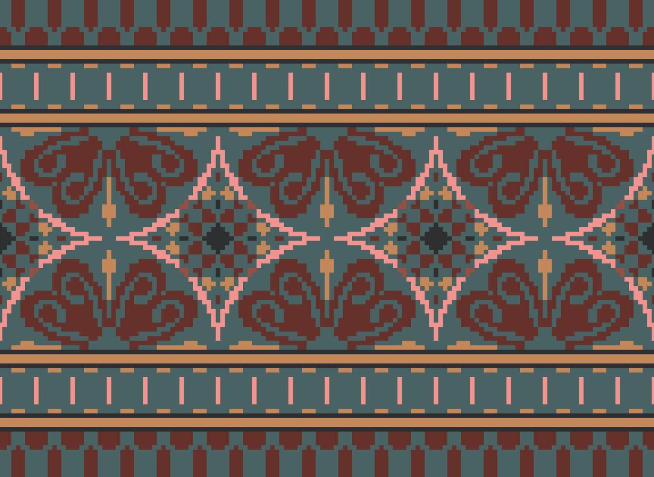 africano ikat pixel floreale paisley ricamo sfondo. geometrico etnico orientale modello tradizionale.azteco stile astratto vettore illustrazione.disegno per trama, tessuto, abbigliamento, avvolgimento, tappeto.