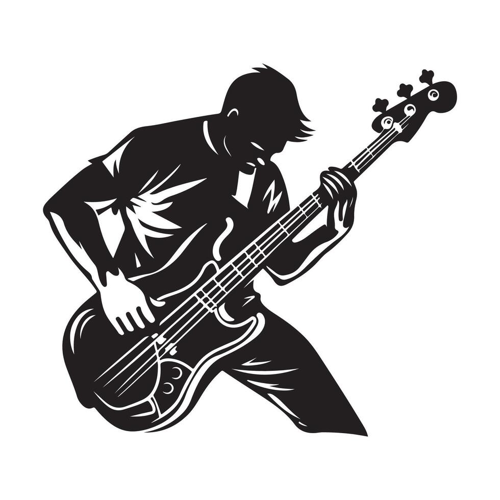 uomo giocando basso chitarra silhouette vettore immagine