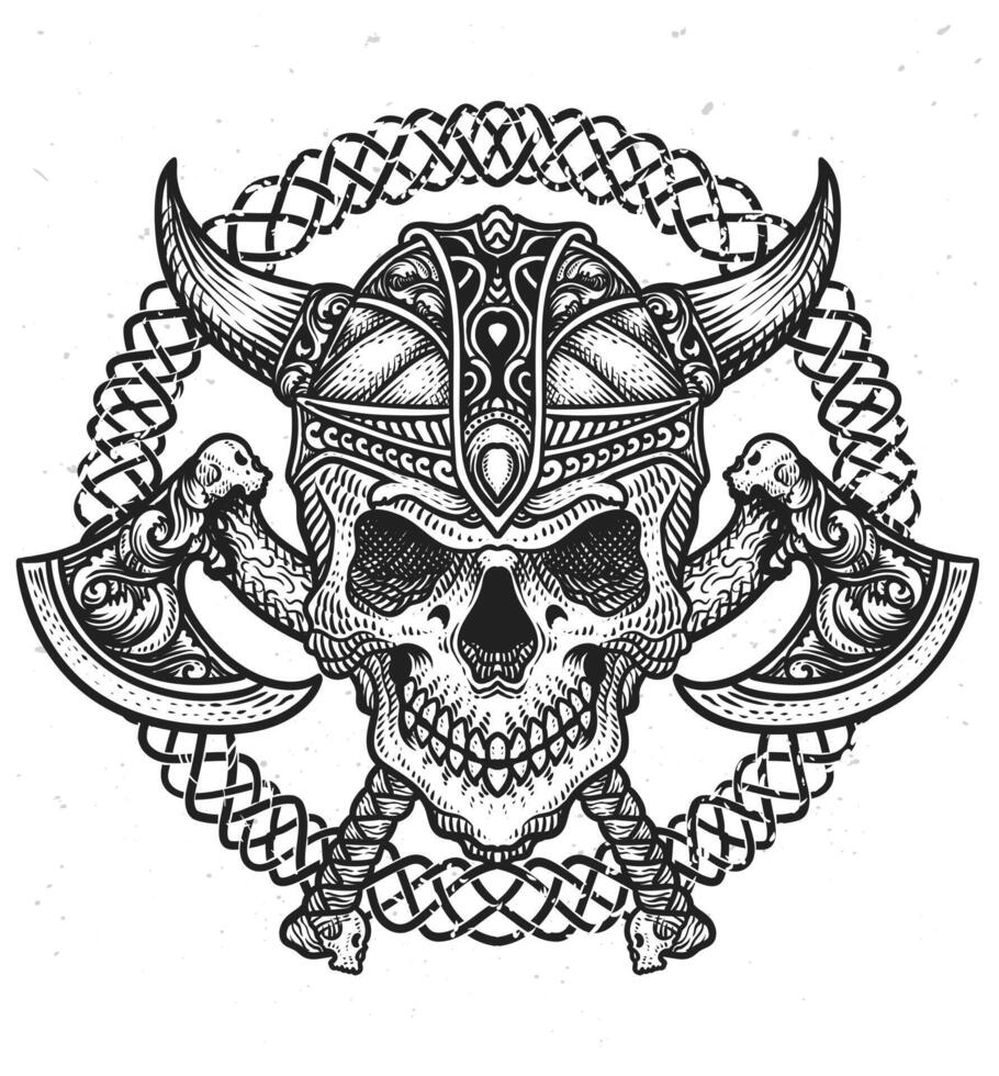 isolato vichingo cranio testa con Due ascia arma, t camicia disegno, tatuaggio design. vettore