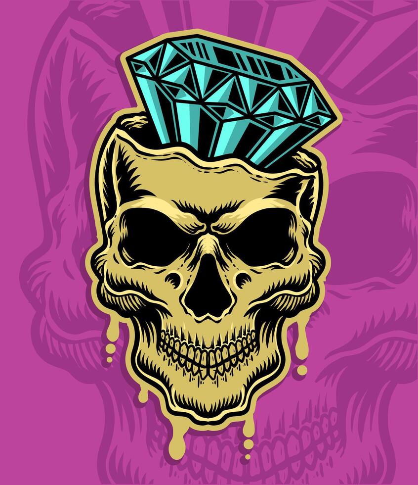 illustrazione cranio testa con diamante su rosa sfondo vettore