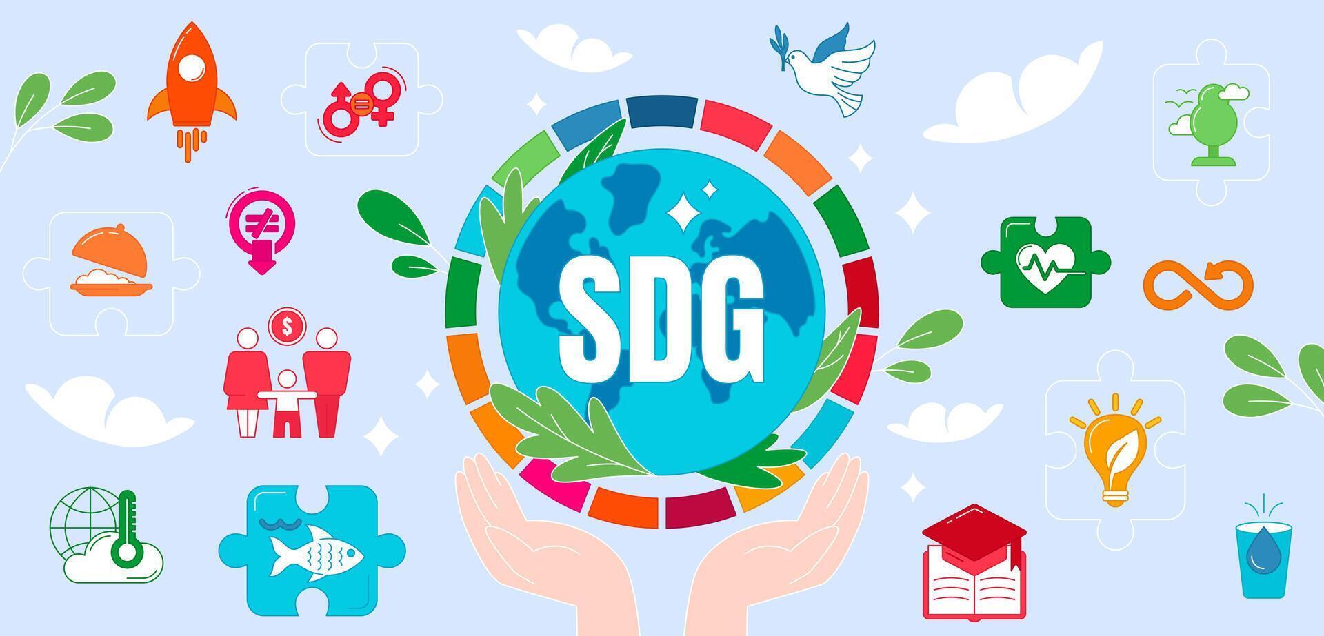 piatto icone di sostenibile sviluppo obiettivi di unito nazioni. SDG segni su blu sfondo. globale sociale obiettivi per Salva pianeta, Ottimizzare vita e risolvere sociale i problemi nel il mondo vettore