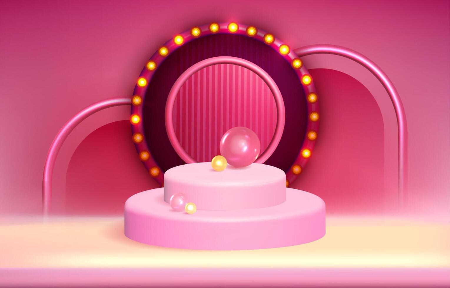 cerchio palcoscenico con il giro telaio e raggiante leggero lampadine. rosa podio con sfera e raggiante arco. studio camera piattaforma per vetrina, Prodotto o cosmetico presentazione realistico vettore illustrazione