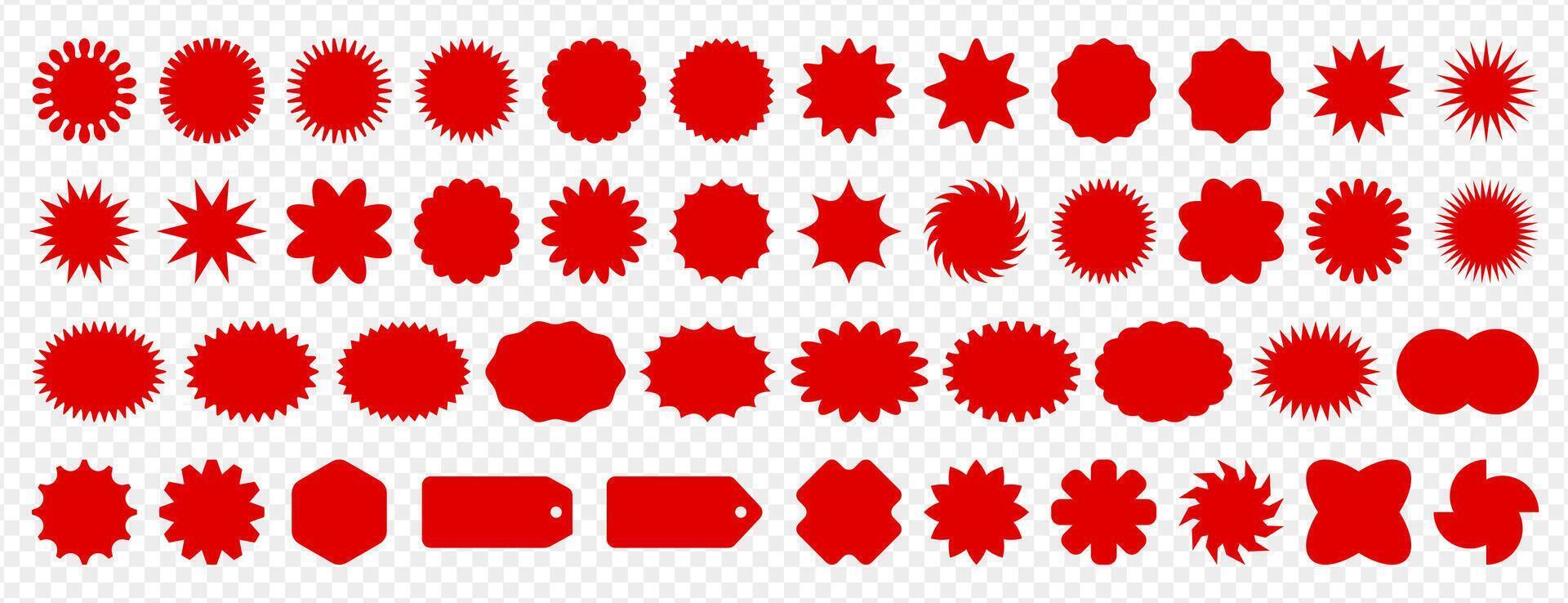 starburst promozionale distintivo impostare. rosso prezzo adesivi, sunburst promo tag, Vintage ▾ sconto o speciale offrire etichette. vuoto vendita etichetta, sunburst icone. design elementi, vuoto badge su bianca sfondo vettore