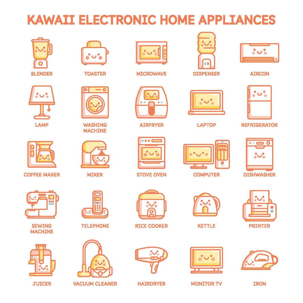 elettronico domestico elettrodomestici carino kawaii icona impostato vettore