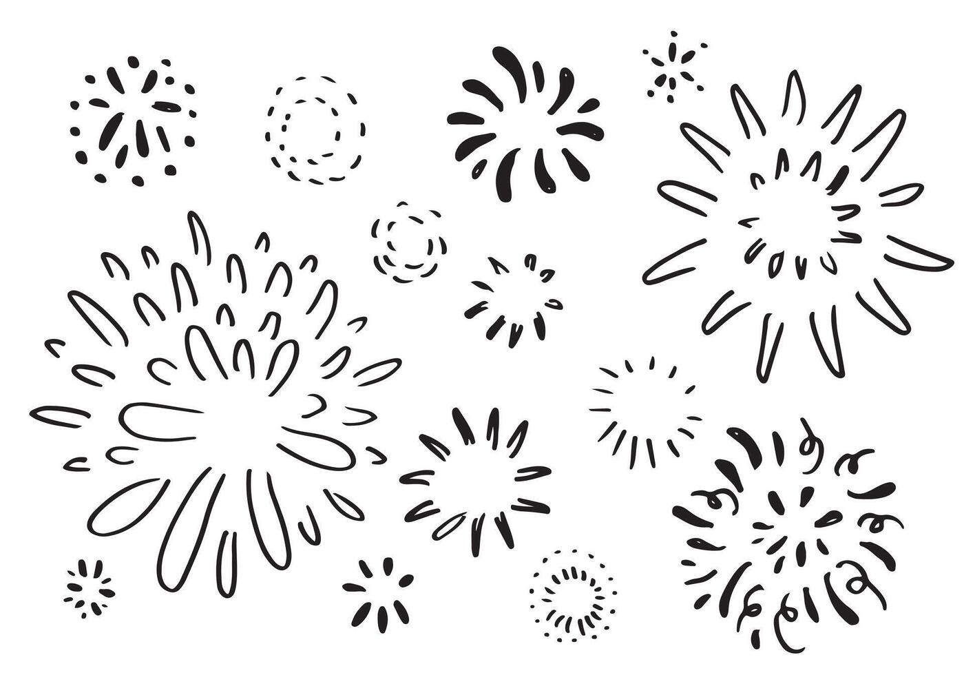 set di fuochi d'artificio doodle isolati su sfondo bianco disegnati a mano da elementi firework.design. illustrazione vettoriale. vettore