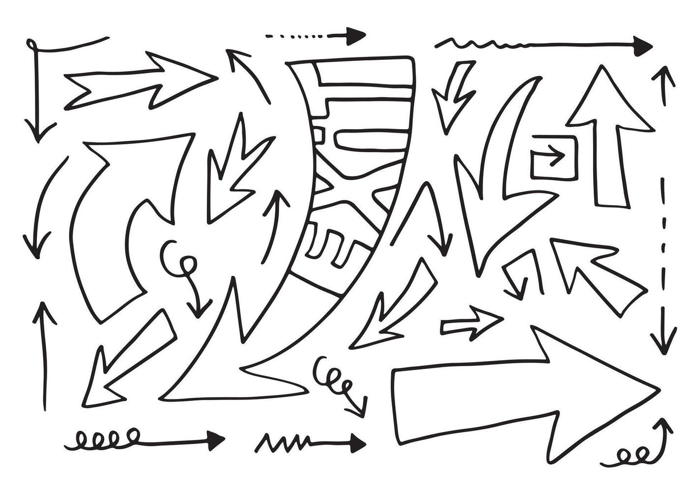 scarabocchiare elementi di design. frecce disegnate a mano isolate su sfondo bianco. illustrazione vettoriale. vettore