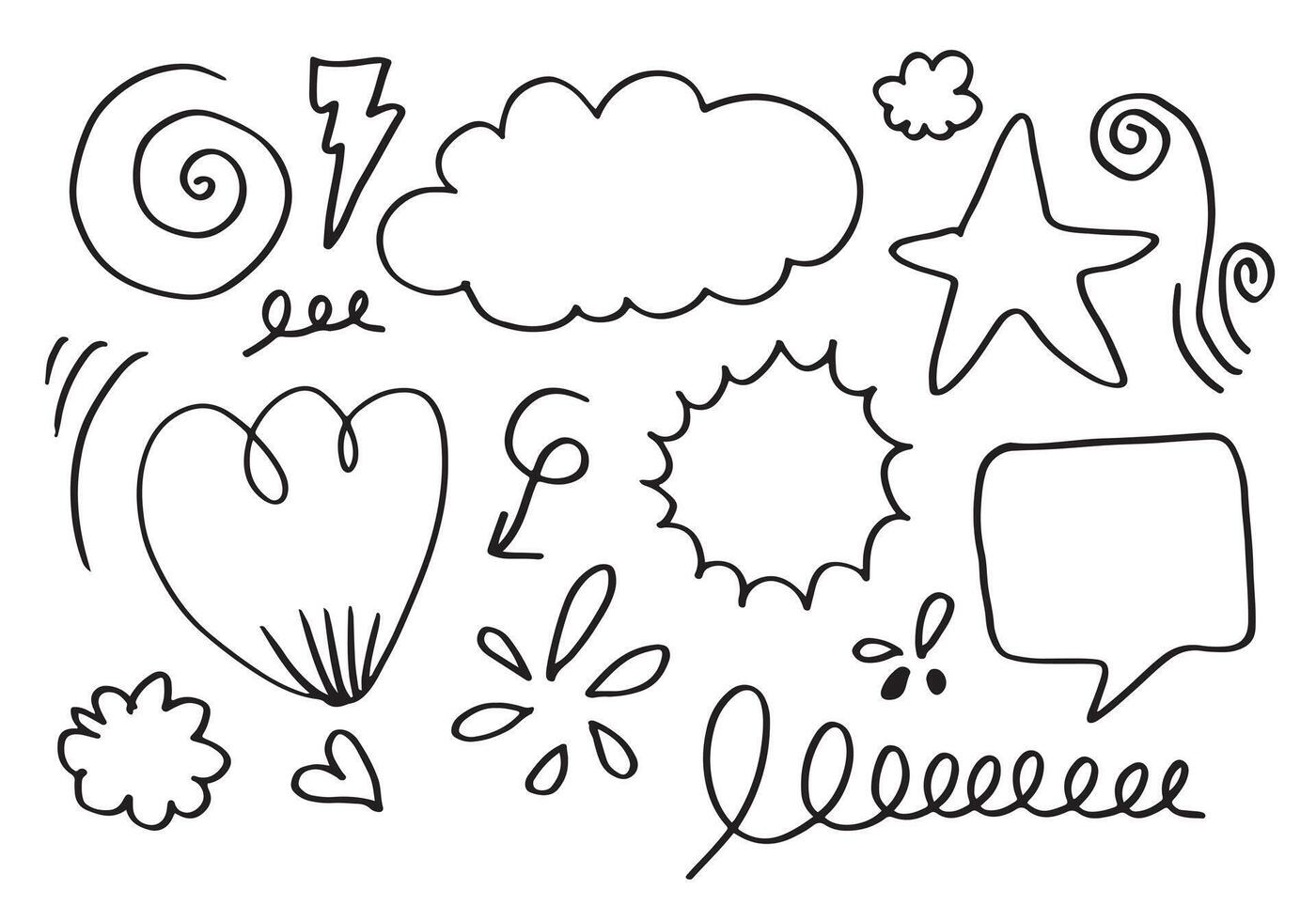 mano disegnato impostato elemento, nero su bianca background.arrow,nuvola,discorso bolla,cuore,enfasi,ricciolo,per concetto design. vettore