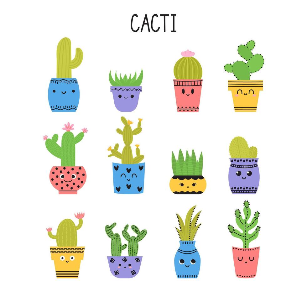 impostato di cactus e succulente. cactus nel fiore pentole. cartone animato icone. collezione di esotico impianti vettore