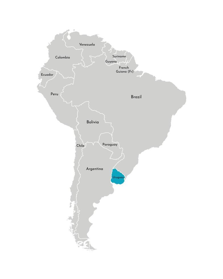 vettore illustrazione con semplificato carta geografica di Sud America continente con blu contorno di Uruguay. grigio sagome, bianca schema di stati' confine.