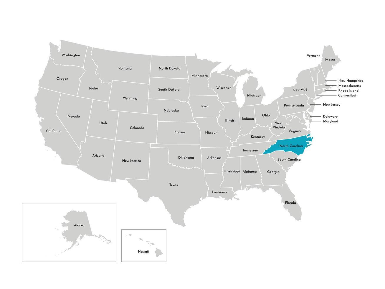 vettore isolato illustrazione di semplificato amministrativo carta geografica di il Stati Uniti d'America. frontiere di il stati con nomi. blu silhouette di nord carolina, stato.
