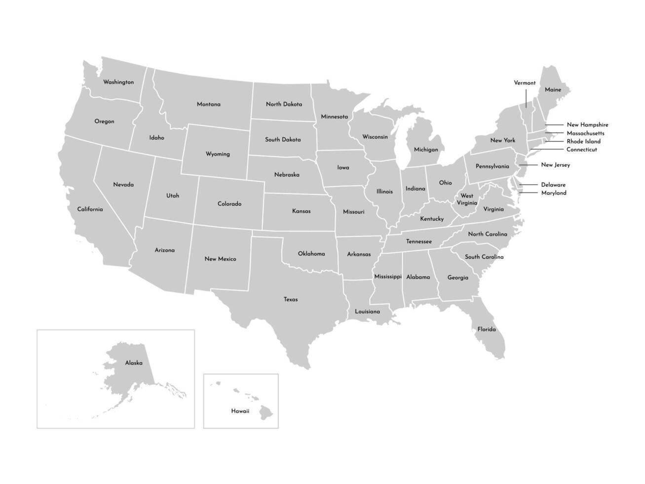 vettore isolato illustrazione di semplificato amministrativo carta geografica di Stati Uniti d'America, unito stati di America. frontiere e nomi di il stati, regioni. grigio sagome. bianca schema.