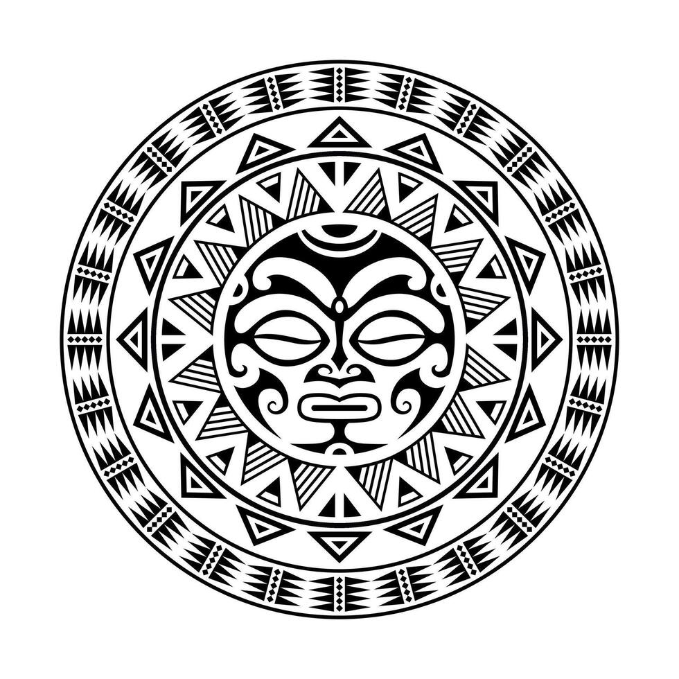 ornamento tatuaggio rotondo con faccia di sole in stile maori. maschera etnica africana, azteca o maya. vettore