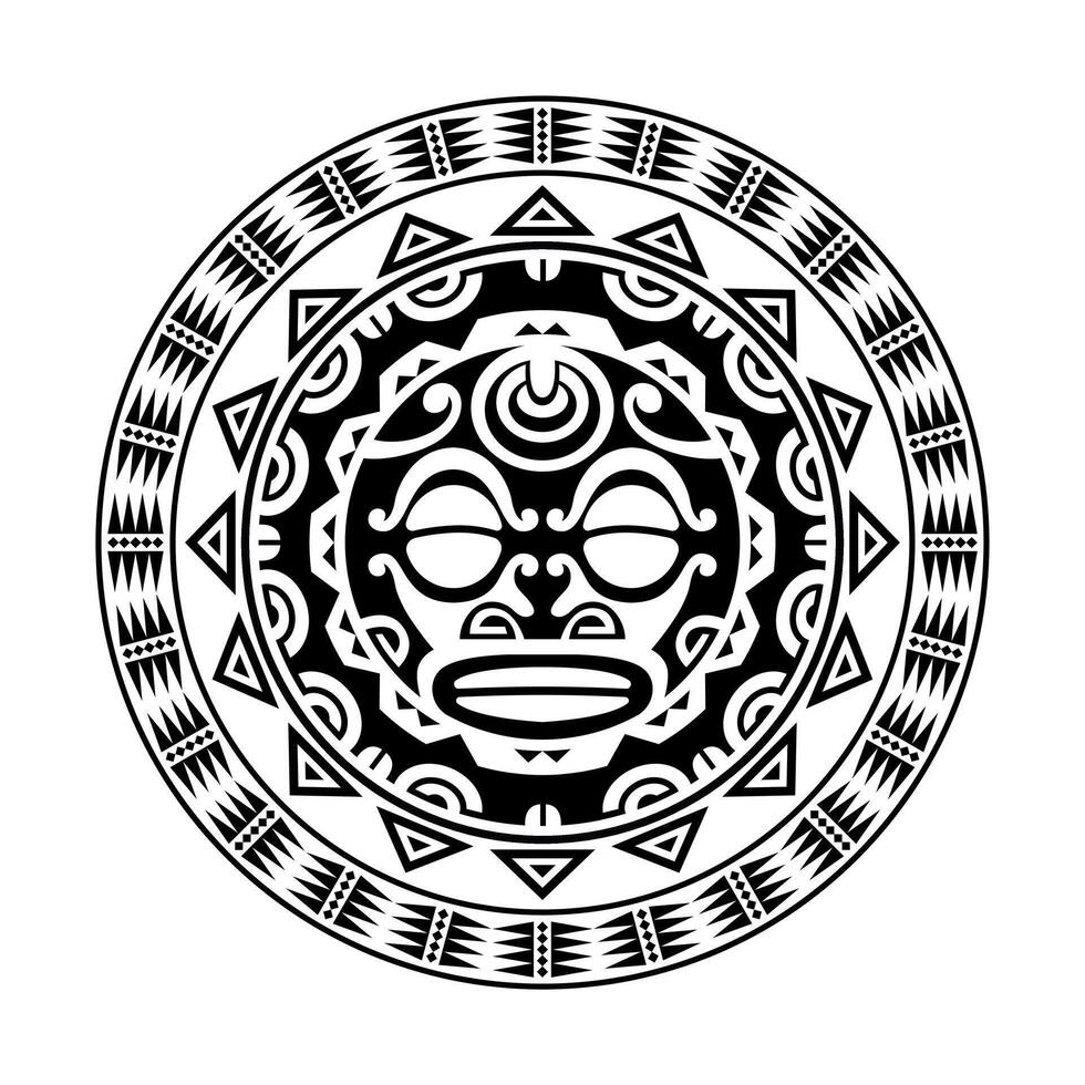 ornamento tatuaggio rotondo con faccia di sole in stile maori. maschera etnica africana, azteca o maya. vettore