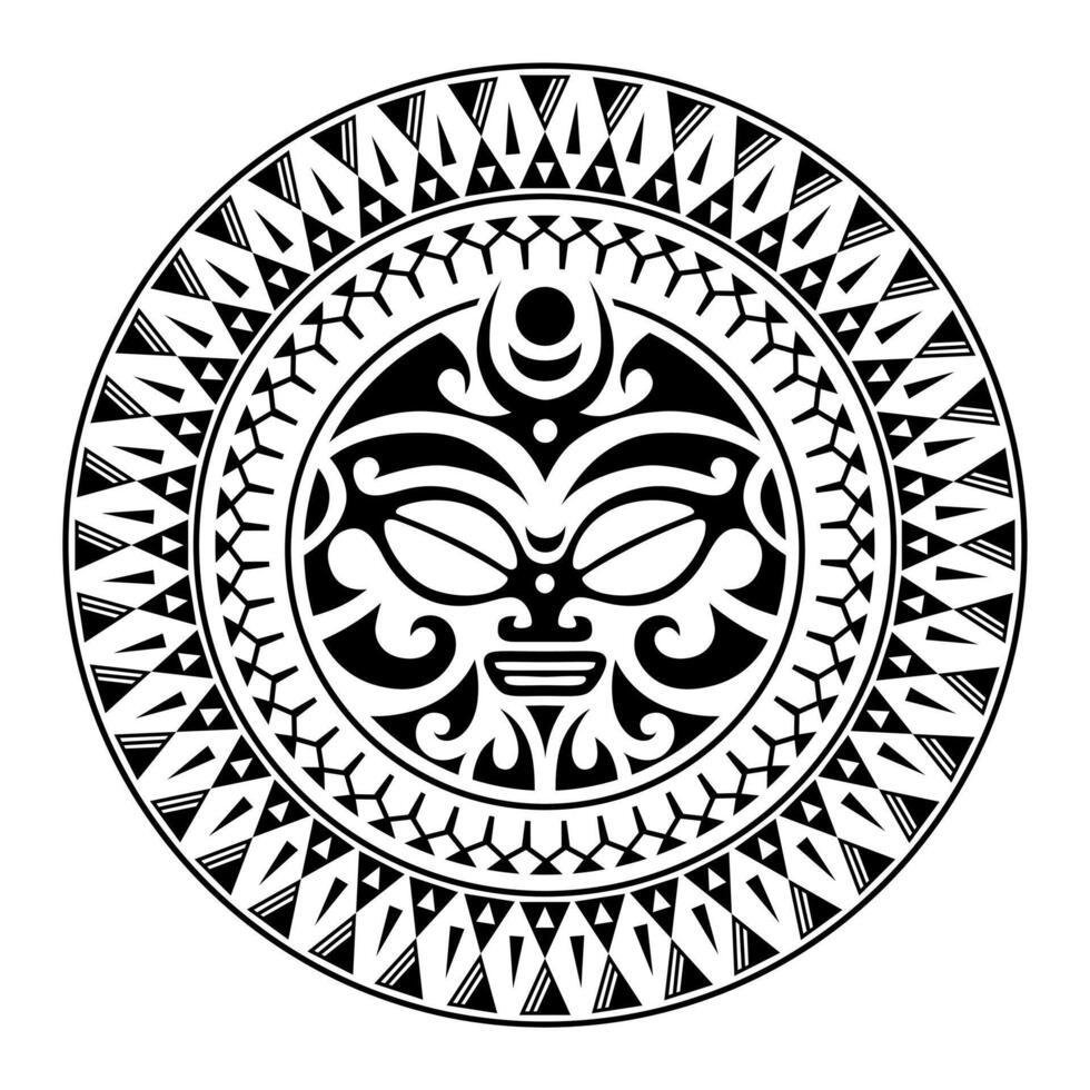 ornamento tatuaggio rotondo con faccia di sole in stile maori. maschera etnica africana, azteca o maya. vettore