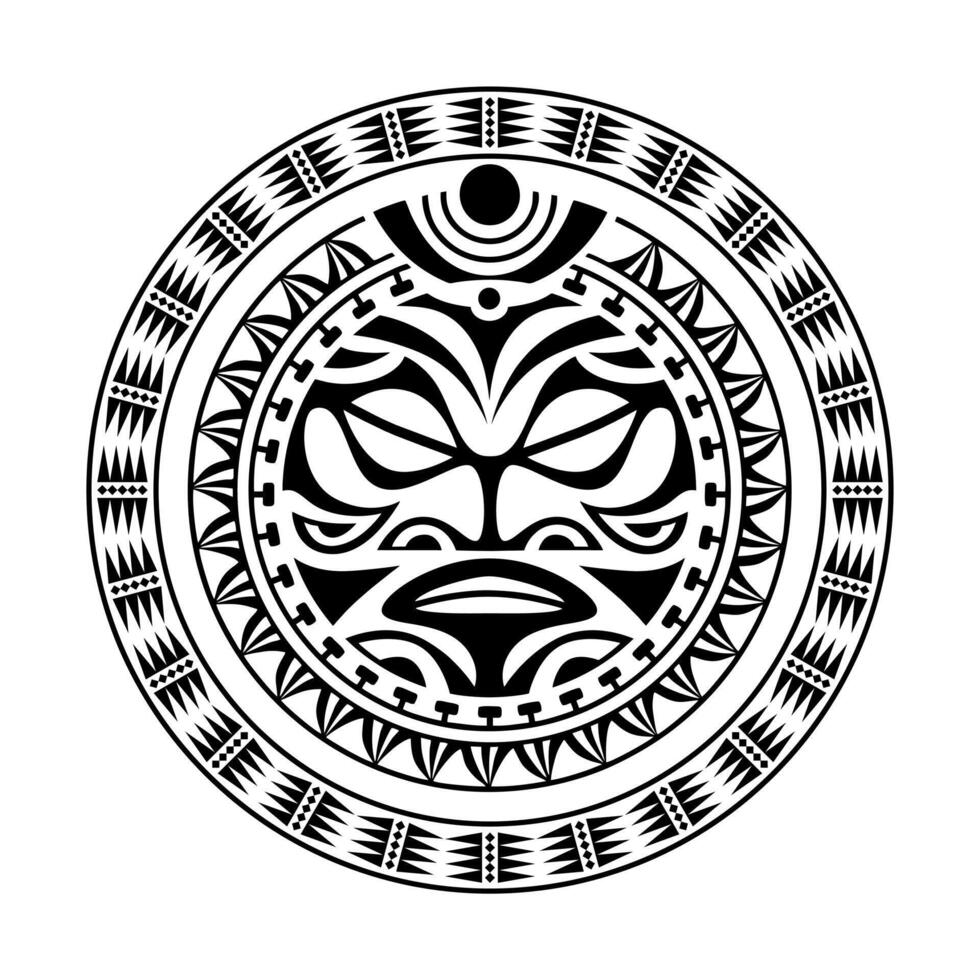 ornamento tatuaggio rotondo con faccia di sole in stile maori. maschera etnica africana, azteca o maya. vettore