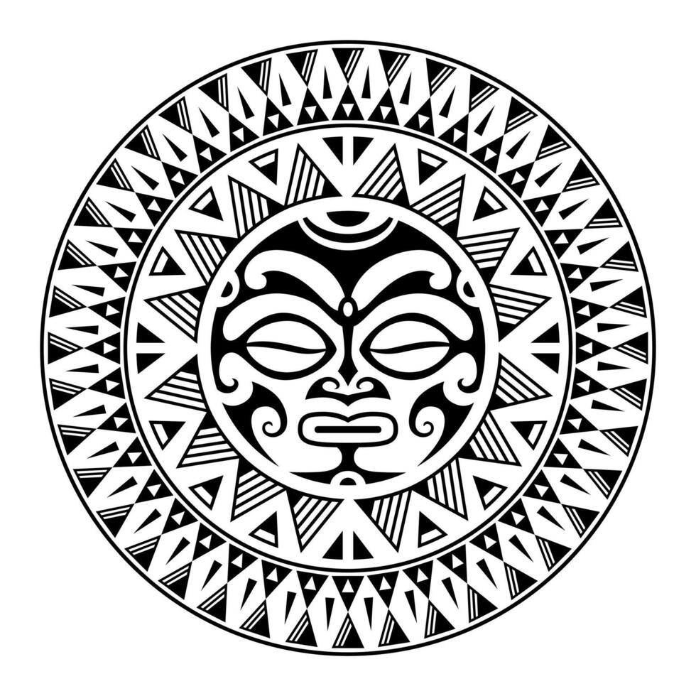 ornamento tatuaggio rotondo con faccia di sole in stile maori. maschera etnica africana, azteca o maya. vettore