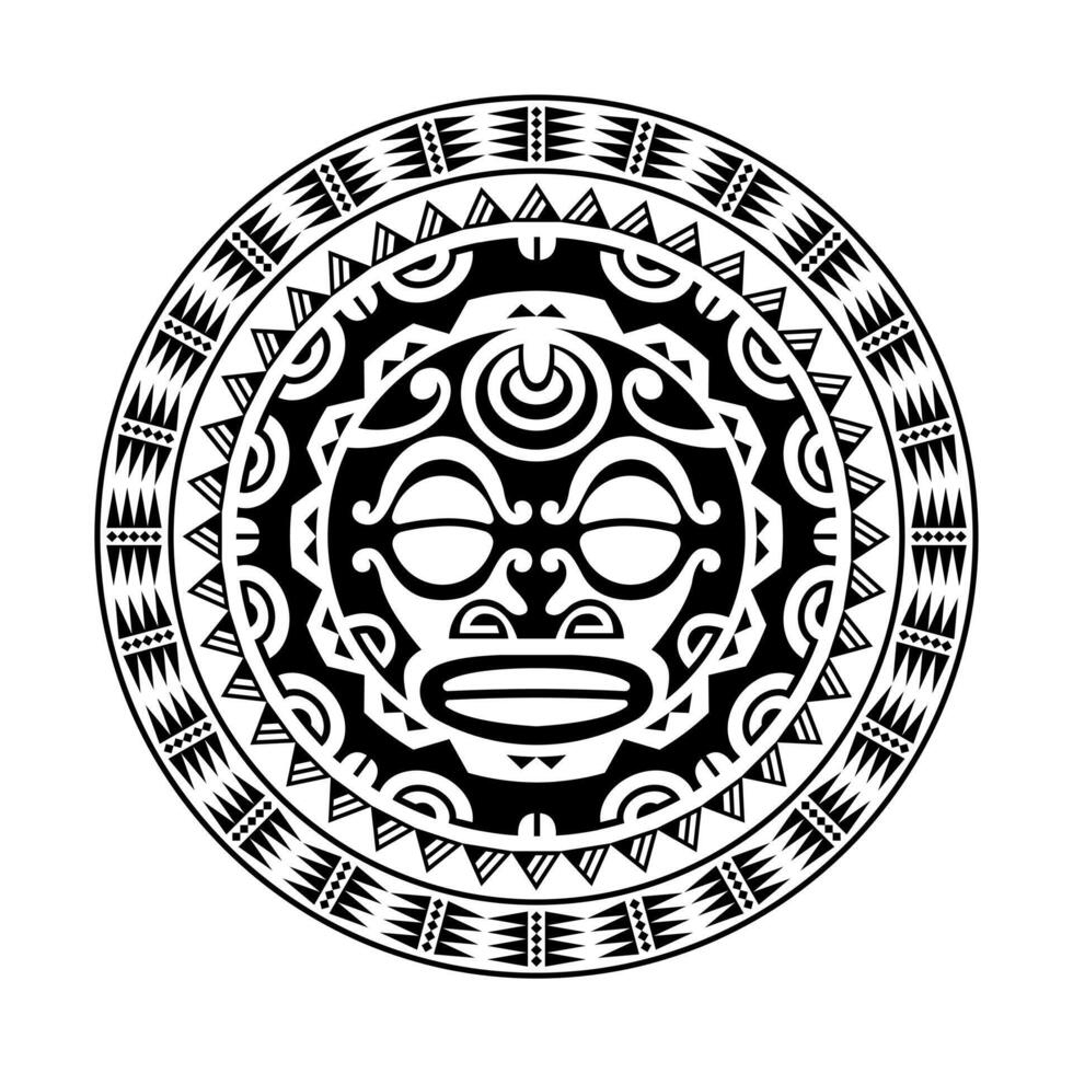 ornamento tatuaggio rotondo con faccia di sole in stile maori. maschera etnica africana, azteca o maya. vettore