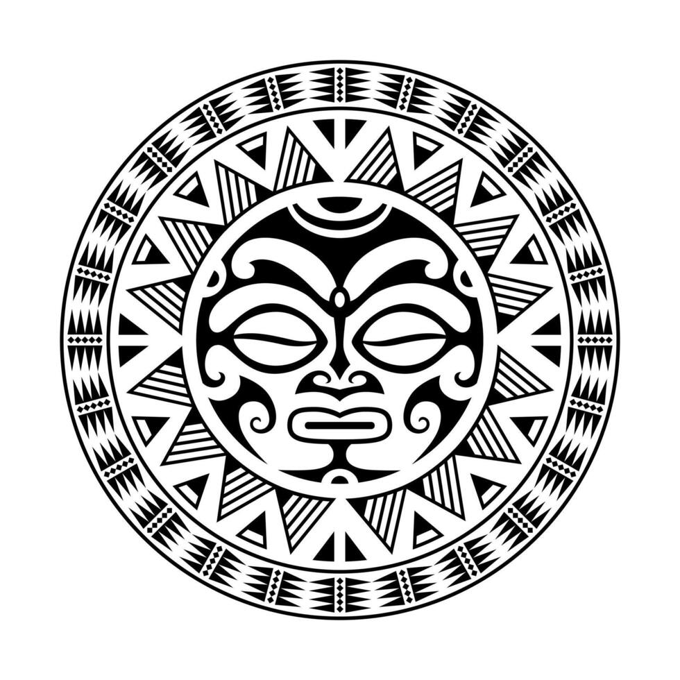 ornamento tatuaggio rotondo con faccia di sole in stile maori. maschera etnica africana, azteca o maya. vettore