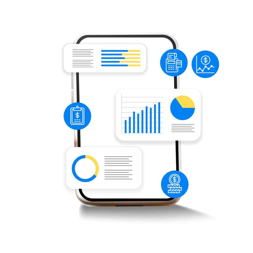 dati analisi grafico grafico informazione per decisione. carino cartone animato mano Tenere Telefono App vettore