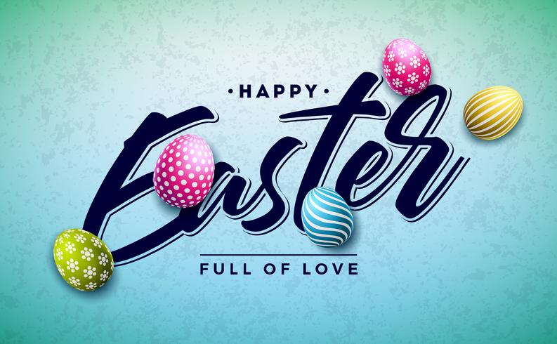 Buona Pasqua Holiday Design con uova colorate dipinte e Golden Typography Letter vettore