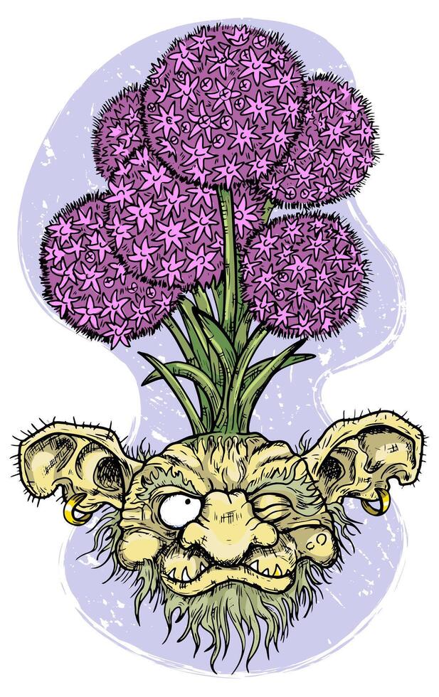 mano disegnato colorato vettore illustrazione con inciso divertente demone o gnomo viso come radice di bellissimo primavera fiore di allium isolato su bianca, giardino fantasia concetto