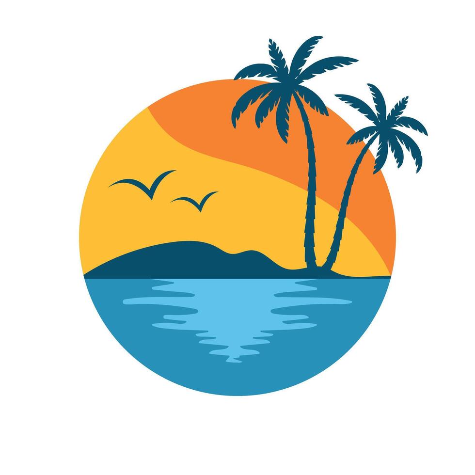 spiaggia logo design. logo con palma alberi, mare e gabbiani. vettore