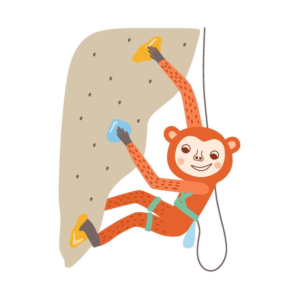 arrampicata sport. carino animale si arrampica nel bouldering parco. carino scimmia formazione su roccia. nuovo genere di sport nel olimpico Giochi nel Parigi 2024, estate attività, estremo. infantile illustrazione isolato elemento. vettore