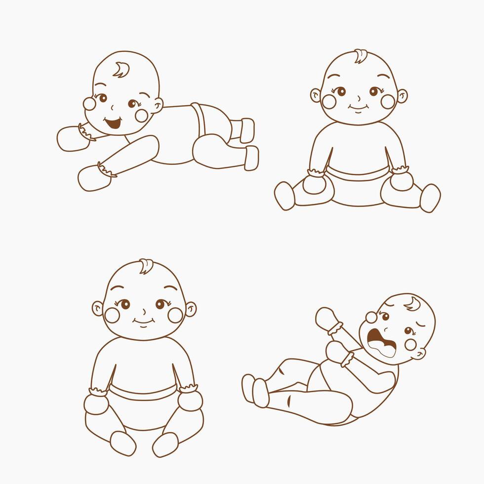 impostato di bambino ragazzo cartone animato con vario posa isolato su bianca sfondo per bambino colorazione pagina vettore