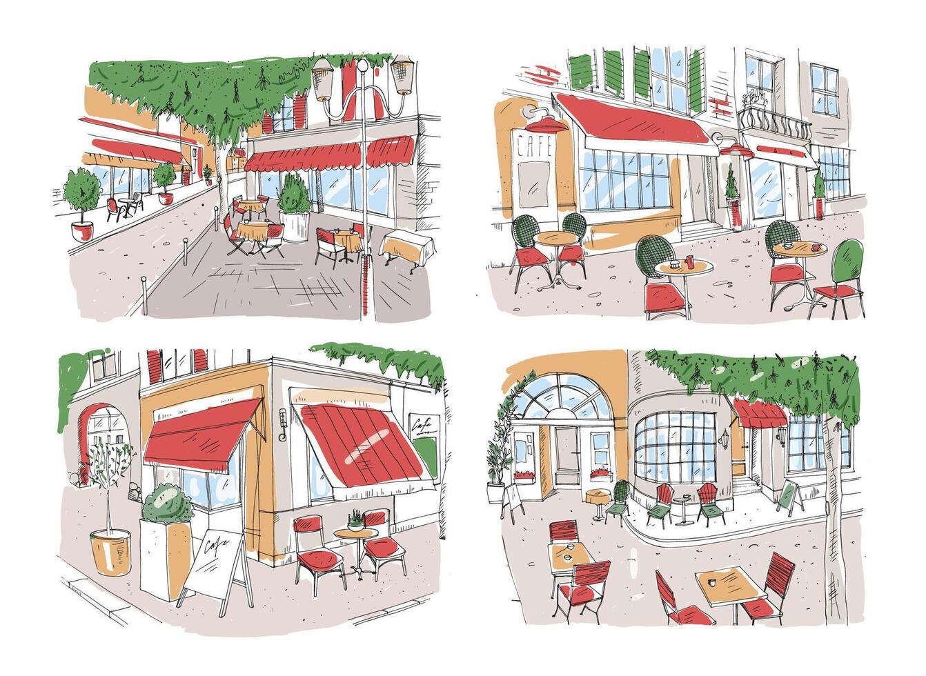 impostato di colorato a mano libera disegni di marciapiede bar o ristorante su città strada. colorato schizzi di tavoli e sedie in piedi al di fuori di antico edifici. bellissimo mano disegnato vettore illustrazione.