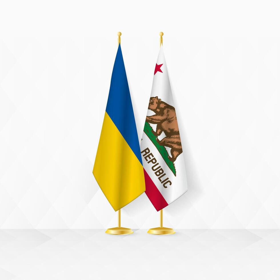 Ucraina e California bandiere su bandiera In piedi, illustrazione per diplomazia e altro incontro fra Ucraina e California. vettore