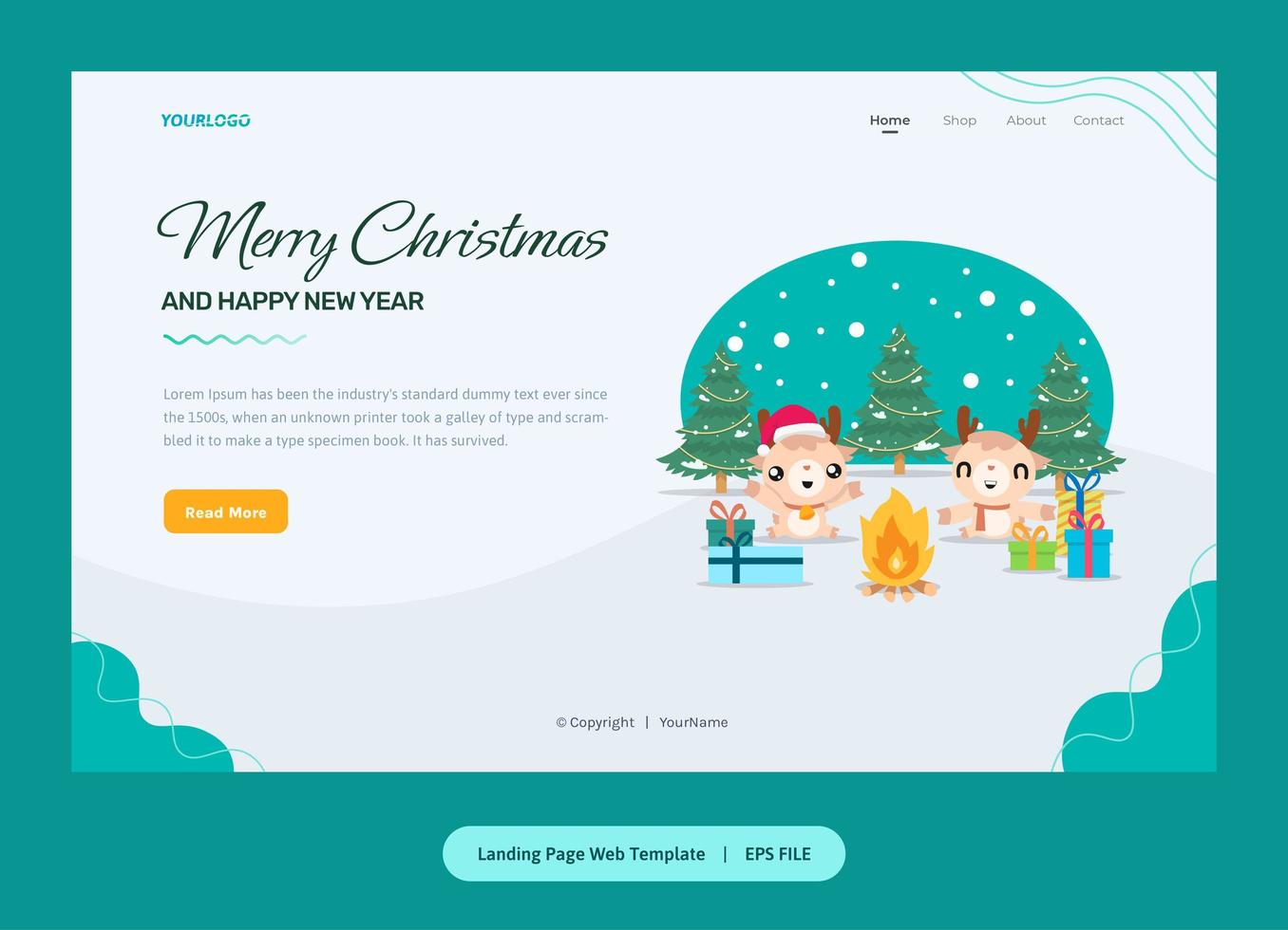 illustrazione piatta, modello di pagina di destinazione con renne, albero di Natale e regali vettore