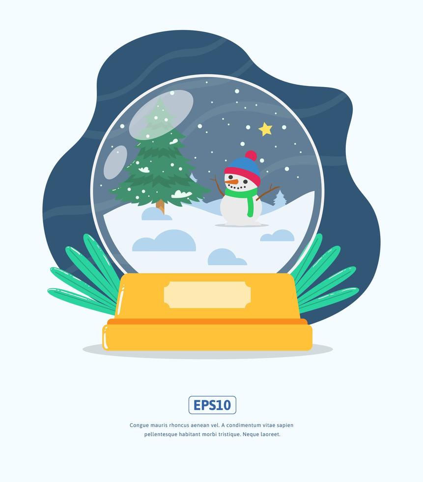 illustrazione piatta palla di vetro di natale con pupazzo di neve vettore