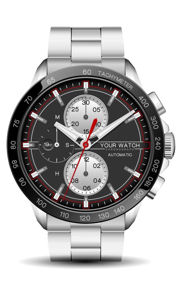 realistico orologio orologio cronografo argento nero rosso linea bianca numero viso per uomini design lusso su bianca sfondo vettore