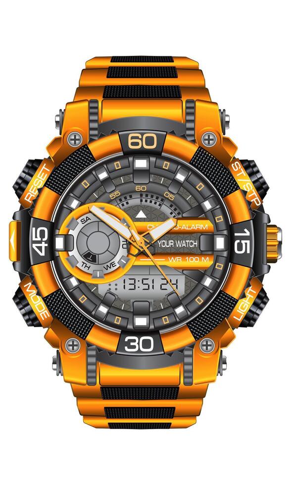 realistico giallo grigio orologio orologio cronografo sport moderno per uomini su bianca sfondo vettore