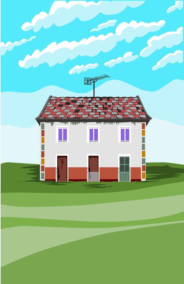 un' semplice Casa nel il mezzo di un' campo con un' blu cielo e nuvole nel il sfondo vettore