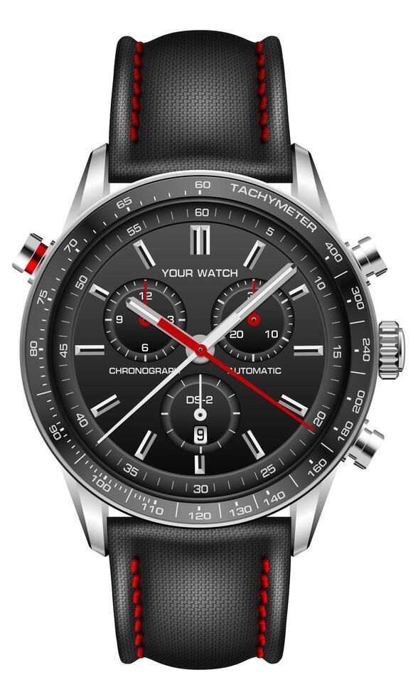 realistico orologio orologio nero viso argento rosso freccia bianca numero con tessuto cinghia su isolato design classico lusso moda per uomini vettore