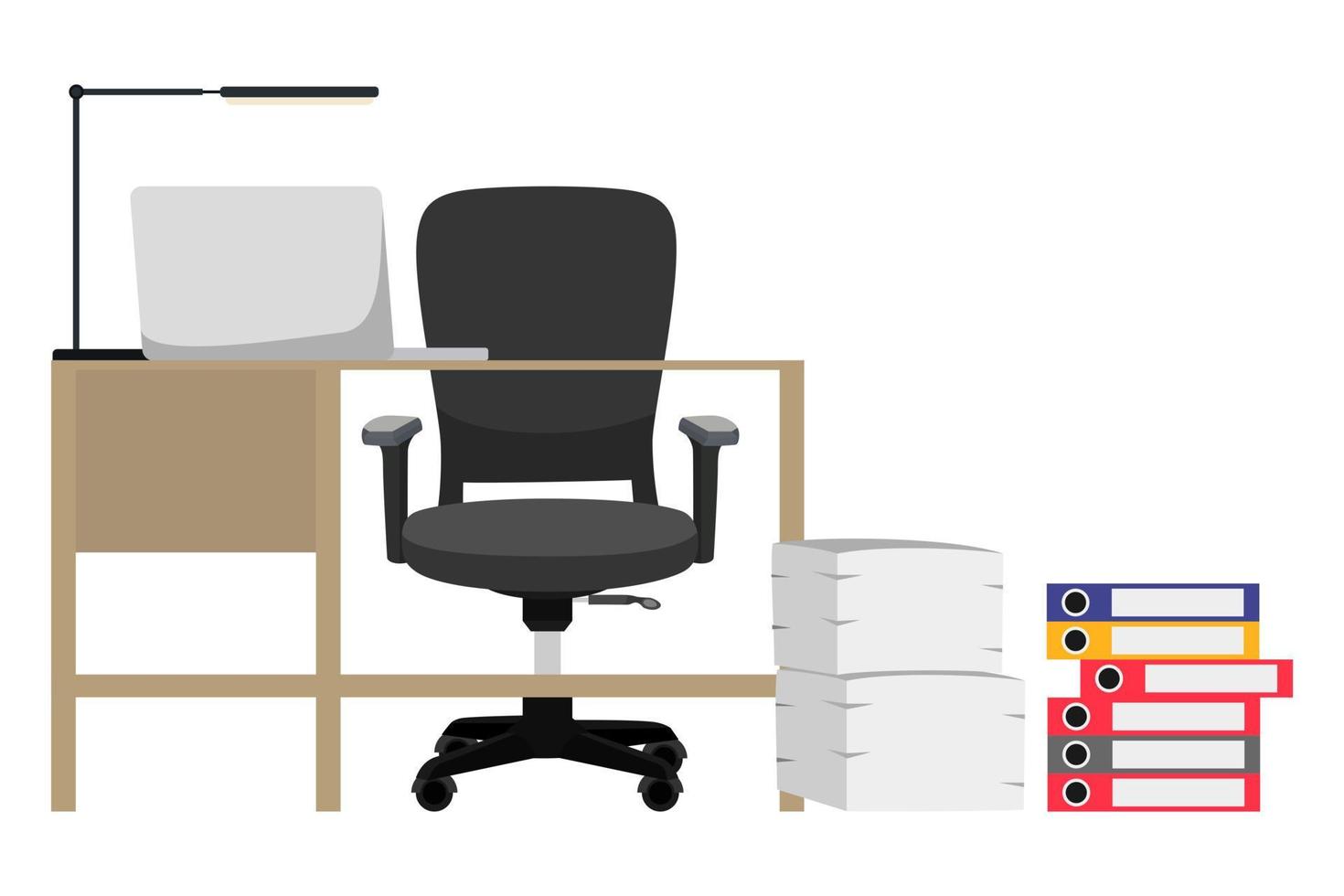 scrivania moderna per freelance moderno home office con tavolo sedia e cassetto con pc computer portatile alcune cartelle pile di carta vettore